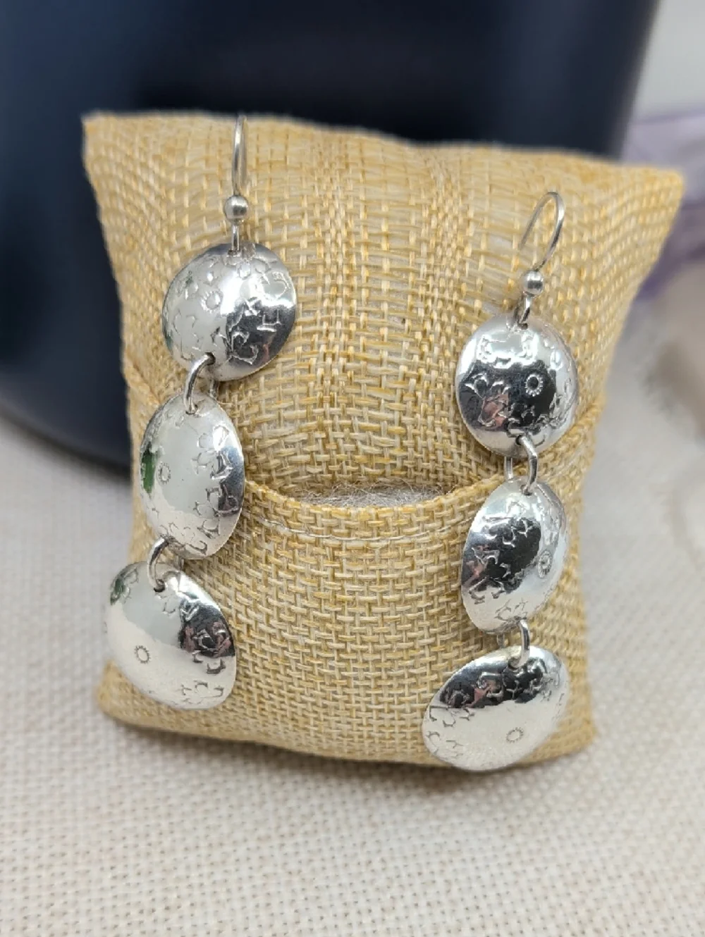 Vintage Sterling Silver Graduated Dome Disc Drop Earrings Handmade Artisan 1990s